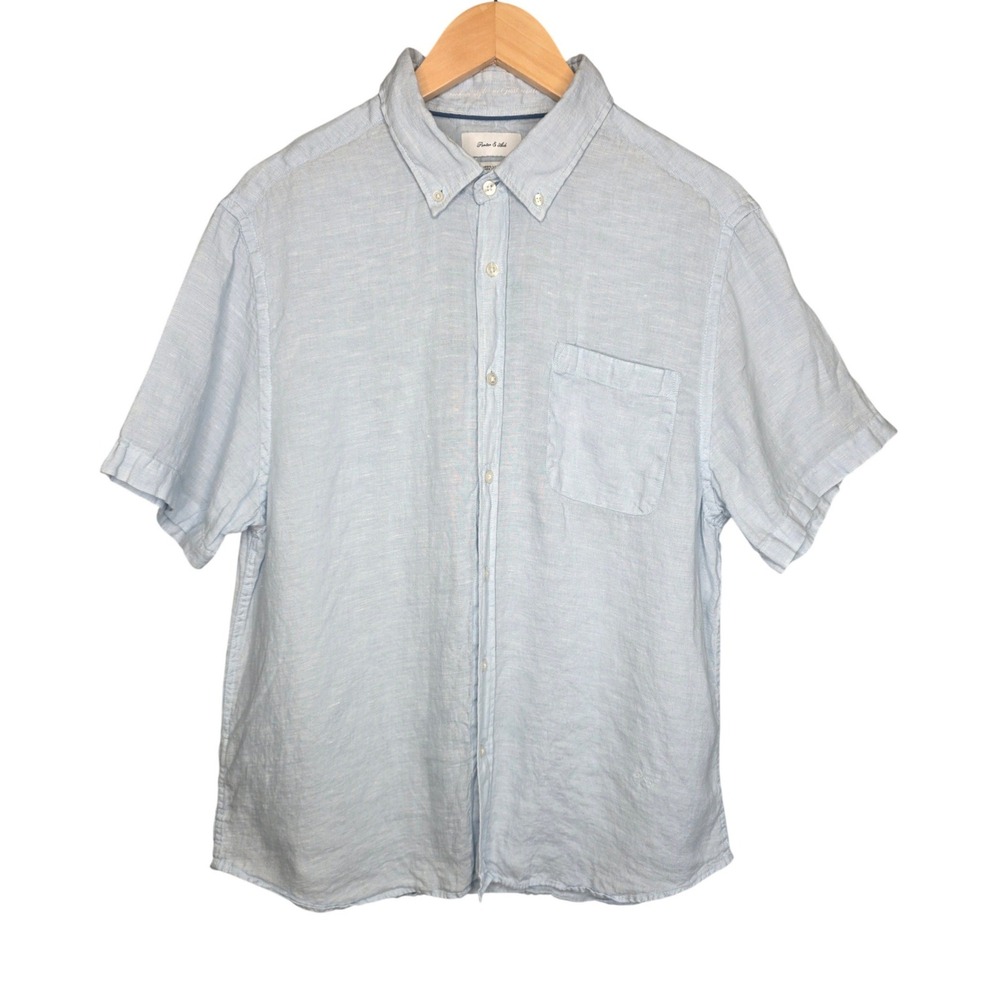 Porter & Ash Short Sleeve Button Up Mens XL Light Blue Linen Casual Beachy Top